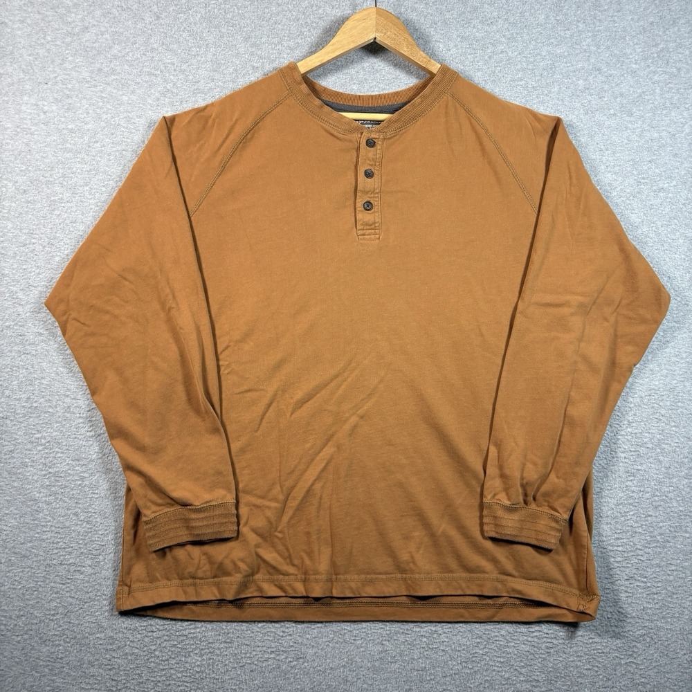 St Johns Bay Sueded Henley Shirt Mens Brown Long Sleeve Cotton Y2K Workwear